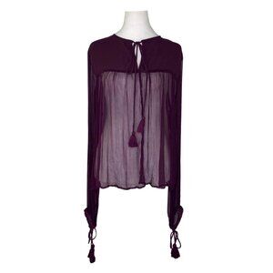 Free People Purple Long Sleeve Tie Front Top w/ Beading & Tassel Accents, M #315